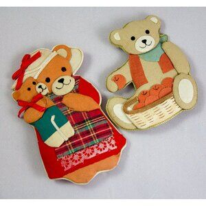 Lot of 2 Stuffed Cotton Fabric Holiday Teddy Bear Fridge Refrigerator Magnets